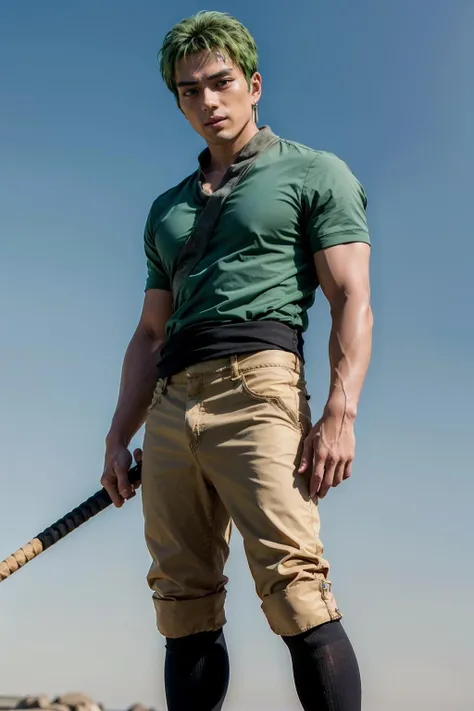 mackenyu, zoro, a man with green hair holding two swords, wearing a bandana, black hat <lora:mackenyu:1>