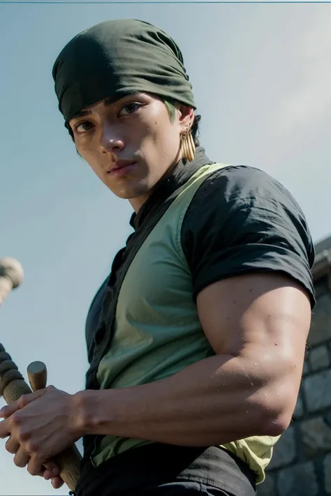 mackenyu, zoro, a man with green hair wearing a bandana, black hat <lora:mackenyu:1>