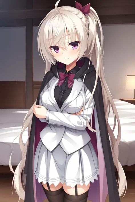 best quality, masterpiece, ultra-detailed, illustration,1girl,solo,<lora:akizukiKanna_CafeStella_v1:0.2>,<lora:Akizuki Kanna:0.5>,pink eyes,medium breasts, long hair, ahoge, platinum blonde hair, long hair, side ponytail,(half-closed eyes:1.1),
y_clothes, collared shirt, black shirt, long sleeves, skirt,white skirt, jacket, white jacket, black thighhighs, legwear garter, collar, black collar,bowtie,cloak, black cloak,
looking at viewer, standing,cowboy shot,bedroom,