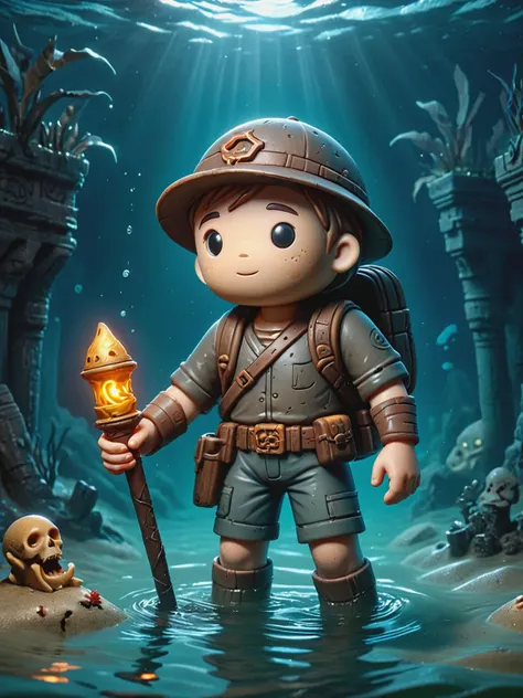 the treasure hunter is depicted wading through ankle-deep waters, the ruins submerged in darkness save for the flickering torch they carry, illuminating mysterious carvings and relics hidden in the murky depths. plasticz  <lora:Plastic_Toy_Style_SDXL:0.8> ais-