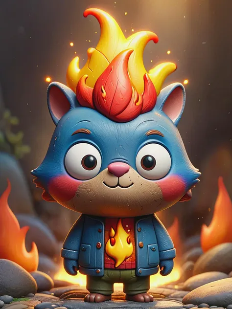 ais-plasticz,  style of pixar,  cute cartoon character,art by Richard Scarry ,  skin with stone texture , flames on the head, close-up, Vibrant, beautiful, painterly, detailed, textural, artistic,  (((masterpiece))),(best quality),   <lora:Plastic_Toy_Style_SDXL:0.8>