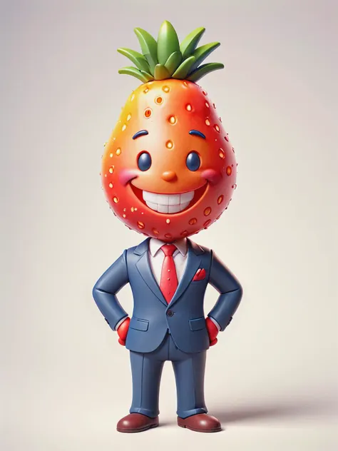 ais-plasticz  illustration of cartoon character anthropomorphic fruite smiling, (wearing a suite:1.4), dynamic pose, detailed,  <lora:Plastic_Toy_Style_SDXL:0.8> ais-plasticz