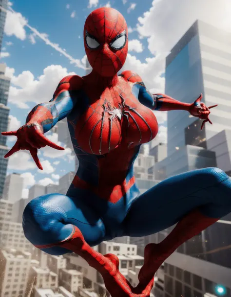 3d female SpidermanClasic , sexy <lora:SpidermanClasic_v1.0:0.7>  
flying with buildings in the background, dynamic pose, masterpiece, highres, photorealistic, best quality, perfect lighting, adult, mature, female, 1girl, 8k,  realistic, photo-realistic, ultra-detailed, fullbody