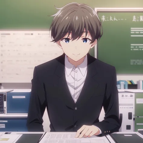 high quality, best quality, masterpiece, absurdres, kohei makino, suit, 1boy, <lora:makino:0.75>, solo, office, smile