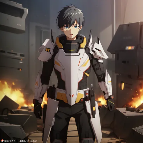(high quality, best quality), 1boy, solo, kohei makino, high-tech armor, <lyco:makino-000016:0.75>, looking_at_viewer, futuristic, combat, explosion, dust,hdr