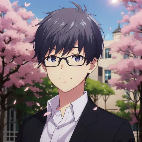 (high quality, best quality), 1boy, solo, kohei makino, school_uniform,blazer,glasses,<lyco:makino-000016:0.75>, looking_at_viewer, smile,school,yard,falling_petals,sakura,day,sun,lens_flare, hdr