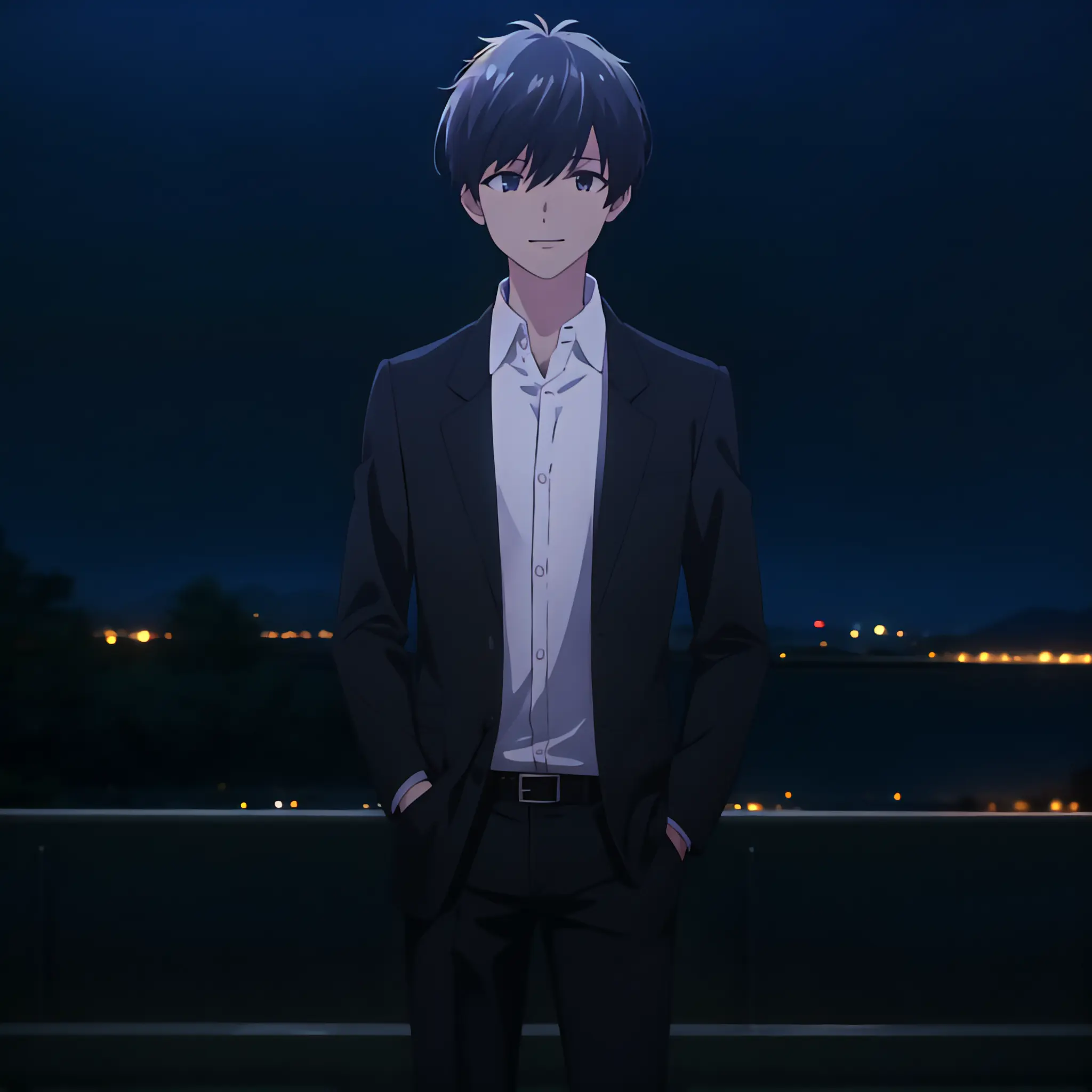 (high quality, best quality), 1boy, solo, kohei makino, suit, <lyco:makino-000016:0.75>, looking_at_viewer, smile, standing, hands_in_pocket,night,park,night_sky, hdr