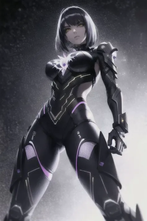 girl, cyberpunk augmentation, cyberware, iridescent cyborg, carbon fiber, chrome, chromatic, implants, metall skull, bloody, cyber plate armor, dark atmosphere, dark night, scars, (black short disheveled hair:1.1), iridescent eyeshadow, beautiful detailed glow, detailed, Cinematic light, intricate detail, highres, rounded eyes, detailed facial features, high detail, sharp focus, smooth, aesthetic, extremely detailed, insanely detailed and intricate industrial factory background, slim body, stylish pose,