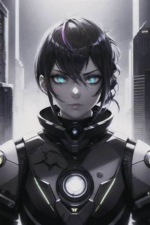 girl, cyberpunk augmentation, cyberware, iridescent cyborg, carbon fiber, chrome, chromatic, implants, metall skull, bloody, cyber plate armor, dark atmosphere, dark night, scars, (black short disheveled hair:1.1), iridescent eyeshadow, beautiful detailed glow, detailed, Cinematic light, intricate detail, highres, rounded eyes, detailed facial features, high detail, sharp focus, smooth, aesthetic, extremely detailed, insanely detailed and intricate industrial factory background, slim body, stylish pose,