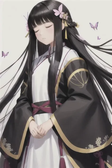 1girl,hair ornament,long hair,solo,flower,hair flower,black hair,white background,bug,long sleeves,butterfly,bangs,simple background,holding,wide sleeves,upper body,half-closed eyes,hanfu,chinese clothes,ribbon,petals,from side,blunt bangs,dress,looking down,very long hair,closed mouth,profile,holding flower,