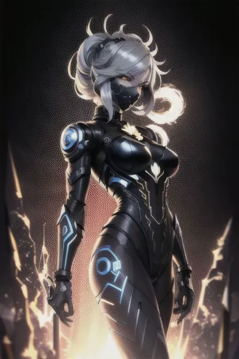 a beautiful woman cyborg warrior in the Style-RustMagic, cyberpunk augmentation, cyberware, cyborg, carbon fiber, chrome, implants, metal skull, cyber plate armor, (dark atmosphere:1.2), (fog & smoke), (dark night:1.3), scars, (dark medium length disheveled hair:1.1), (eyeshadow:1.1), (beautifully detailed glow:1.2), (Cinematic lighting), intricate detail, highres, rounded eyes, detailed facial features, sharp focus, smooth, aesthetic, detailed dark industrial factory background, stylish pose, dynamic pose, (dramapaint), (opt-6000:0.9), masked, blue spandex with red stripes