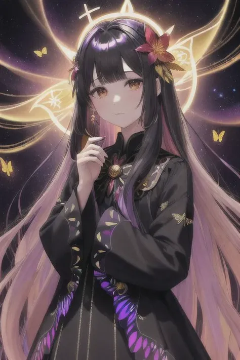 1girl,hair ornament,long hair,solo,brown flower,iridescent hair flower,black iridescent hair,iridescent background,bug,long sleeves,butterfly,bangs,simple background,blood-holy dark energy,vampire,holding,highest-noise,color-invested,spectrum widesleeves,helios,Rahu,Asura,upper body,half-closed eyes, hell clothes,heli ribbon,iridescent gold petals,front,blunt bangs,dress,looking down,very long hair,closed mouth, supernovae, iridescent, fractal gold, iridescent,sunlit,Ares,rim light,beautiful halo,multicolorrd colorful iridescent dress,Transcent black light background,multicolorrd colorful iridescent dress, real , - (looking the viewer), Ares, goddess - 1girl,hair ornament,long hair,solo,brown flower,iridescent hair flower,black iridescent hair,iridescent background,bug,long sleeves,butterfly,bangs,simple background,blood-holy dark energy,vampire,holding,highest-noise,color-invested,spectrum widesleeves,helios,Rahu,Asura,upper body,half-closed eyes, hell clothes,heli ribbon,iridescent gold petals,illusion world tree
,front,blunt bangs,dress,looking down,very long hair,closed mouth,profile,holding flower, supernovae, iridescent, fractal gold, iridescent,sunlit,Ares,rim light,beautiful halo,multicolorrd colorful iridescent dress,Transcent black light background,helios, multicolorrd colorful iridescent dress, real, - (looking the viewer), Ares, goddess, flame everlasting, memories, red flare sun illusion world tree,supernovae,iridescent,fractal gold, iridescent,sunlit,Ares