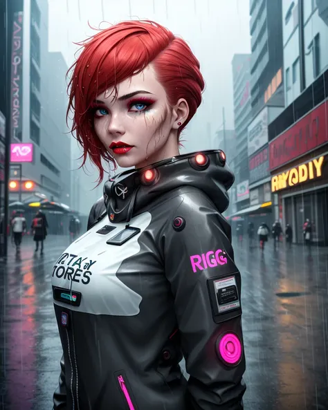 1girl, half body portrait, short bright red disheveled hair, blue detailed eyes, neon night, (dog tags:1.2), (aggrotech:1.4), heavy rain, water splashes, wet skin, black eyeshadow, (street style wear:1.2), (city background:1.2), dark makeup, digital art, trending on artstation, highly detailed, fine detail, intricate,beautiful detailed glow, detailed, Cinematic light, intricate detail, highres, detailed facial features, high detail, sharp focus, smooth, aesthetic, extremely detailed, (its raining:1.1)