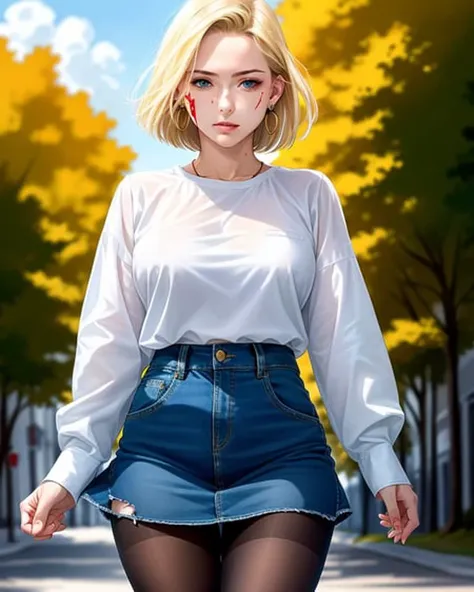 sciamano240, android 18, 1girl, black pantyhose, black shirt, blonde hair, blood, blood on face, blue eyes, breasts, clenched hands, closed mouth, cloud, cowboy shot, cuts, day, denim, earrings, injury, jewelry, long sleeves, medium breasts, nose, outdoors, pantyhose, realistic, shirt, short hair, skirt, sky, solo, torn clothes, torn pantyhose, torn shirt, (masterpiece), (best quality), (ultra-detailed), (best illustration), (best shadow), (an extremely delicate and beautiful), RAW photo,(high detailed skin:1.2), 8k uhd, dslr, soft lighting, high quality, film grain, Fujifilm XT3