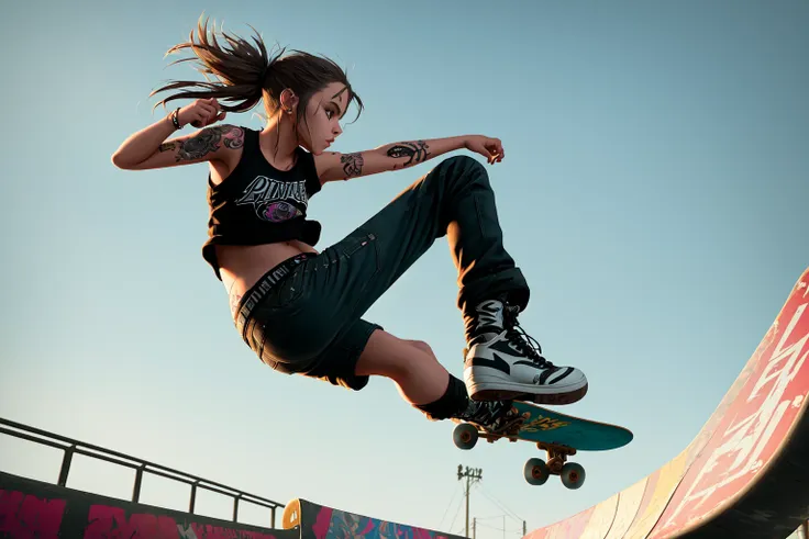 girl performing tricks on a skateboard, half pipe, punk, adventurecore, cybergrunge, impressionism, realistic, detailed, Cinematic light, intricate detail, highres, detailed facial features, high detail, sharp focus, smooth, aesthetic, extremely detailed, octane render