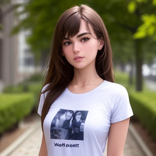 a high resolution profile picture of a very detailed beautiful hot 23 yo English college girl wearing a t-shirt standing on campus, beautiful hot 23 yo photo face, sharp focus, scene