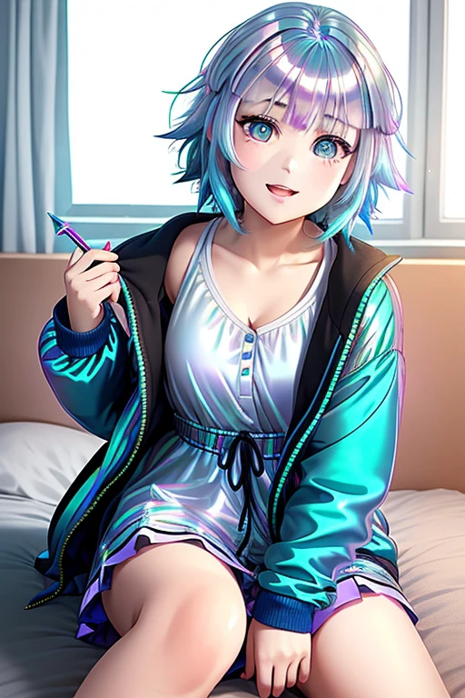 best quality detailed fullbody portrait of a waking up blue-haired girl with short disheveled hair in jaket yawns, (iridescent pupils:1.4)