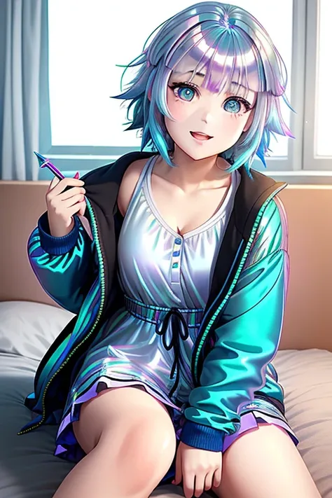 best quality detailed fullbody portrait of a waking up blue-haired girl with short disheveled hair in jaket yawns, (iridescent pupils:1.4)