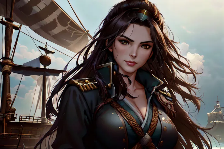 best quality, (wide shot), cgsociety, 8k, ultrarealistic,
the most beautiful female pirate captain grabs a rope aboard a pirate ship, smirk, perfect eyes, handsome male first mate stands behind her, crew in background, breeze, blown hair, ropes, rigging
Cinematic light, intricate detail, detailed facial features, high detail, sharp focus, smooth, aesthetic, extremely detailed, (by greg rutkowski:1), (by luis royo:1), by artgerm, Stephen Kasner, John Picacio