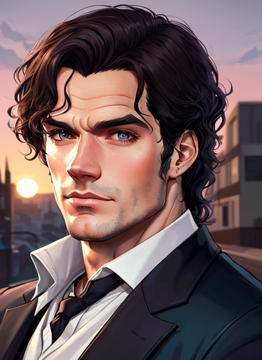 facefoward portrait of Handsome (henry cavill:1) as a werewolf and dracula hybrid , Stoic, gentle looking, fine-looking hair, perfect-face, detailed eyes, sunset city background, inspired on heartstone gta5 cover, | official behance hd artstation by Jesper Ejsing, by RHADS, Makoto Shinkai, hands