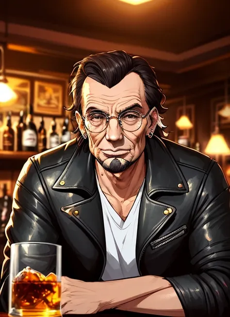 facefoward portrait of Handsome 40- year- old (abraham lincoln:1) as a rockstar singer wearing leather jacket , a t-shirt and wearing ear piercings ,  Stoic, gentle looking, fine-looking hair,  perfect-face, detailed eyes, holding whiskey glasses,  luxury  mafia pub interior, inspired on heartstone gta5 cover, | official behance hd artstation by Jesper Ejsing, by RHADS, Makoto Shinkai, hands