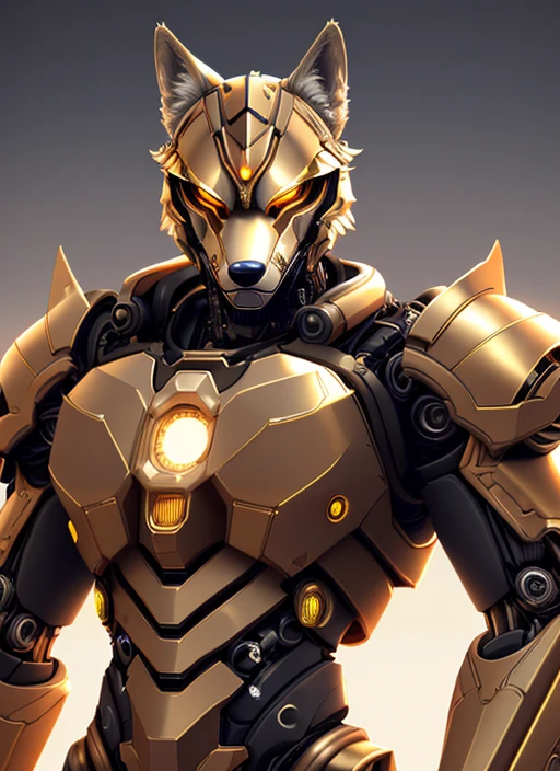 Alpha Wolf - the futuristic biomechanical android, beautiful natural soft light, rim light, gold fractal details, metallic fine lace, muscular, mandelbot fractal anatomical, diamond, facial muscles, elegant, ultra detailed, metallic armor, octane render, hands