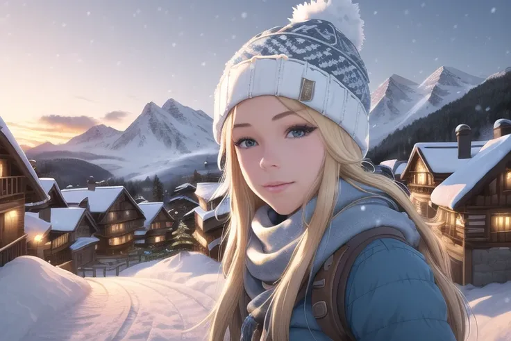 mountainous alpine village at sunset, gorgeous blonde girl with long hair, wearing white beanie and scarf, wearing blue snow jacket, wearing blue snow trousers, beautiful detailed glow, detailed, Cinematic light, intricate detail, highres, detailed facial features, high detail, sharp focus, smooth, aesthetic, extremely detailed, stamp, octane render,