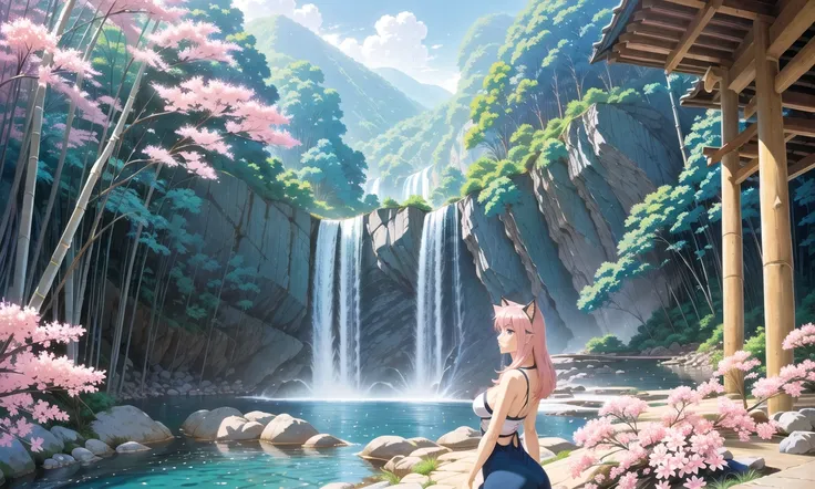 mature, mature face, nose, cat ears, pink hair, large breasts, large ass, blue eyes, masterpiece, best quality, painted by greg rutkowski makoto shinkai takashi takeuchi studio ghibli,
waterfall, water, rocks, jungle, bamboo forest, mountain, flowers,