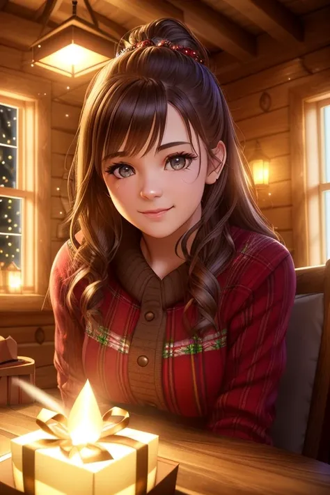 happy new year beautiful girl in, cozy intricate christmas room, log cabin Interior, Semi-dark, cozy atmosphere, night, masterpiece, best quality, epic warm lighting, cinematic composition, game cg, hyperrealistic, beautiful detailed glow, detailed, warm light, intricate detail, highres, detailed facial features, high detail, sharp focus, smooth, aesthetic, extremely detailed, octane render, hdr, bright colors, gift box in hand