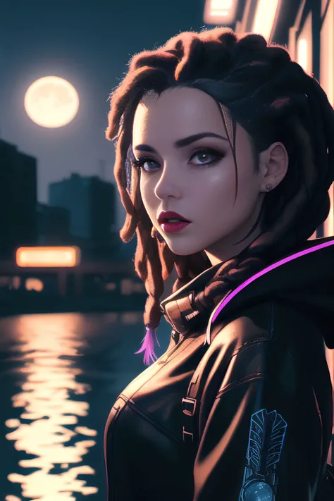 a girl is standing by the river,1girl,lipstick,neon lights,dreadlocks,night,moon in the sky,outstretched arm,cyberpunk,Looking at Viewer,comic,detailed,Cinematic light, intricate detail, highres, detailed facial features, high detail, sharp focus, smooth, aesthetic, extremely detailed, stamp, octane render,