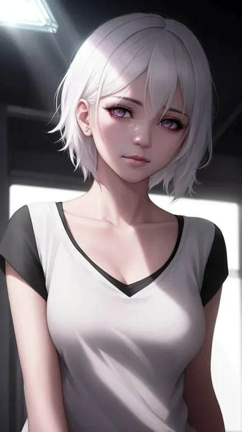 a woman with white hair and a black shirt is staring at something with a light shining on her face, Charlie Bowater, rossdraws global illumination, cyberpunk art, light and space, 1girl, closed_mouth, collarbone, hair_over_one_eye, light_rays, lips, looking_at_viewer, nose, pink_lips, short_hair, solo, sunlight