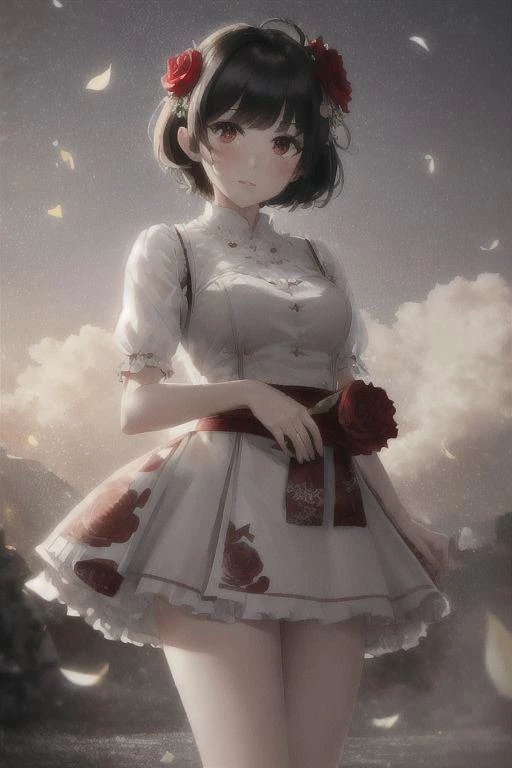 best quality, masterpiece,ultra high res,highres, illustration. media, delicate,8k wallpaper,soft light,official art,professional lighting, photon mapping, radiosity, physically-based rendering,1girl, bangs, black_hair, blush, brown_eyes, eyebrows_visible_through_hair, flower, hair_flower, hair_ornament, heart, looking_at_viewer, paper_fan, red_flower, red_rose, rose, short_hair, solo, upper_body,