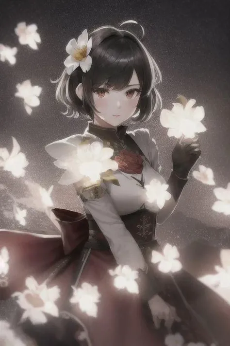 best quality, masterpiece,ultra high res,highres, illustration. media, delicate,8k wallpaper,soft light,official art,professional lighting, photon mapping, radiosity, physically-based rendering,1girl, bangs, black_hair, blush, brown_eyes, eyebrows_visible_through_hair, flower, hair_flower, hair_ornament, heart, looking_at_viewer, paper_fan, red_flower, red_rose, rose, short_hair, solo, upper_body, 1woman of Sagittarius Chaos