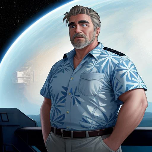 science fiction. photo of (Paul Hollywood) as a grizzled mature male crewmember. dad bod. grey buzz cut. pockets. open bright (Hawaiian shirt). on bridge of a starship. in space. holster. cinematic lighting. photorealistic. high tech. thick eyebrows. blue eyes.