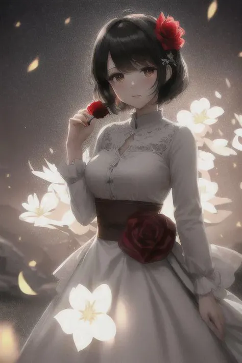 best quality, masterpiece,ultra high res,highres, illustration. media, delicate,8k wallpaper,soft light,official art,professional lighting, photon mapping, radiosity, physically-based rendering,1girl, bangs, black_hair, blush, brown_eyes, eyebrows_visible_through_hair, flower, hair_flower, hair_ornament, heart, looking_at_viewer, paper_fan, red_flower, red_rose, rose, short_hair, solo, upper_body,