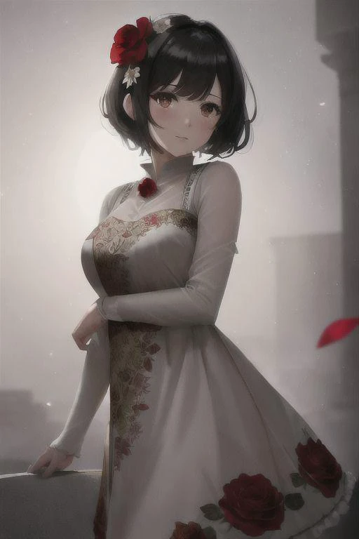 best quality, masterpiece,ultra high res,highres, illustration. media, delicate,8k wallpaper,soft light,official art,professional lighting, photon mapping, radiosity, physically-based rendering,1girl, bangs, black_hair, blush, brown_eyes, eyebrows_visible_through_hair, flower, hair_flower, hair_ornament, heart, looking_at_viewer, paper_fan, red_flower, red_rose, rose, short_hair, solo, upper_body,