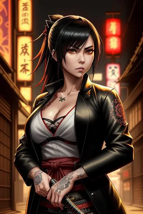 anime style, portrait of yakuza girl gangster character holding katana, intricate gangster clothes, in japan night town, dystopian, extremely detailed, digital painting, artstation, concept art, smooth, sharp focus, illustration, intimidating lighting, incredible art by artgerm and greg rutkowski and alphonse mucha and simon stalenhag, tattoo