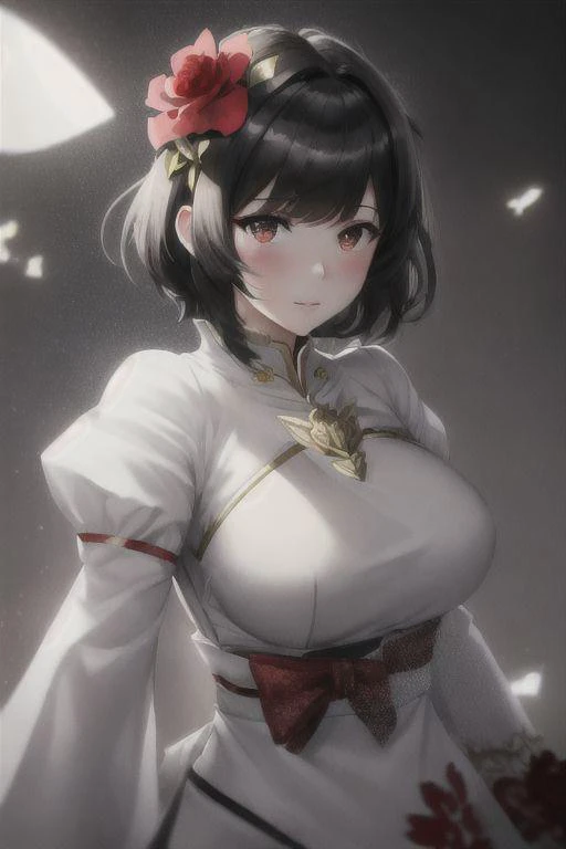 best quality, masterpiece,ultra high res,highres, illustration. media, delicate,8k wallpaper,soft light,official art,professional lighting, photon mapping, radiosity, physically-based rendering,1girl, bangs, black_hair, blush, brown_eyes, eyebrows_visible_through_hair, flower, hair_flower, hair_ornament, heart, looking_at_viewer, paper_fan, red_flower, red_rose, rose, short_hair, solo, upper_body, 1woman of Sagittarius Chaos
