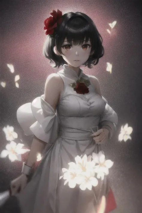 best quality, masterpiece,ultra high res,highres, illustration. media, delicate,8k wallpaper,soft light,official art,professional lighting, photon mapping, radiosity, physically-based rendering,1girl, bangs, black_hair, blush, brown_eyes, eyebrows_visible_through_hair, flower, hair_flower, hair_ornament, heart, looking_at_viewer, paper_fan, red_flower, red_rose, rose, short_hair, solo, upper_body, 1woman of Sagittarius Chaos