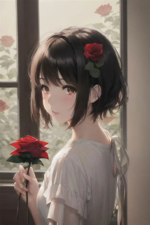 best quality, masterpiece,ultra high res,highres, illustration. media, delicate,8k wallpaper,soft light,official art,professional lighting, photon mapping, radiosity, physically-based rendering,1girl, bangs, black_hair, blush, brown_eyes, eyebrows_visible_through_hair, flower, hair_flower, hair_ornament, heart, looking_at_viewer, paper_fan, red_flower, red_rose, rose, short_hair, solo, upper_body,