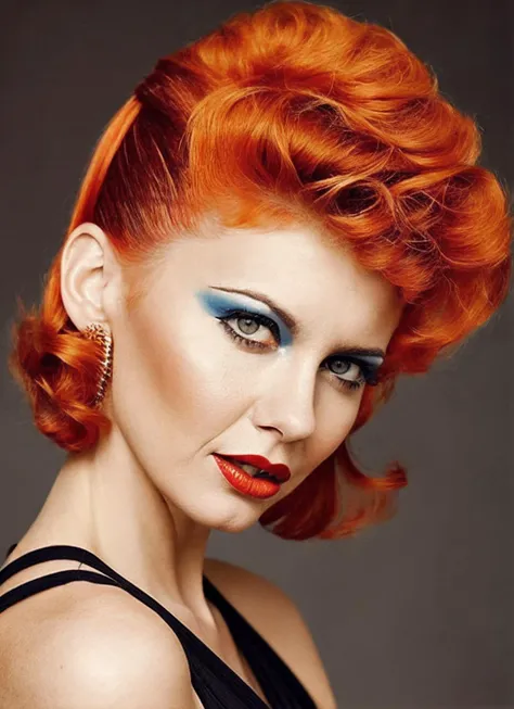 analog style, modelshoot style, portrait of sks woman by Flora Borsi, style by Flora Borsi, bold, bright colours, orange Mohawk haircut, ((Flora Borsi)), <lora:locon_olivianewton_v1_from_v1_64_32:1.25>