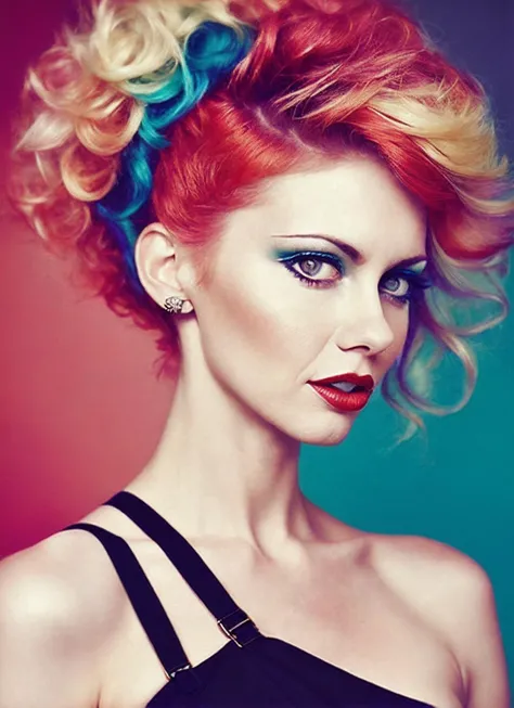 portrait of sks woman by Flora Borsi, style by Flora Borsi, bold, bright colours, rainbow Mohawk haircut, ((Flora Borsi)), <lora:locon_olivianewton_v1_from_v1_64_32:1.25>