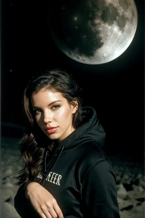 photo of beautiful B14nc4B34uch4mp_HM-130, a woman, perfect hair, smiling, (modern photo), wearing hoodie and sweatpants, portrait, 85mm, (analog, cinematic, film grain:1.3), (Cratered Moon, Moon surface with countless craters, jagged ranges, and deep canyons.), detailed eyes, professional pose, painted lips, (epiCPhoto), (looking at viewer:1.1), (cinematic shot:1.3), (natural lighting, lit from above), <lora:add_detail:0.5>
