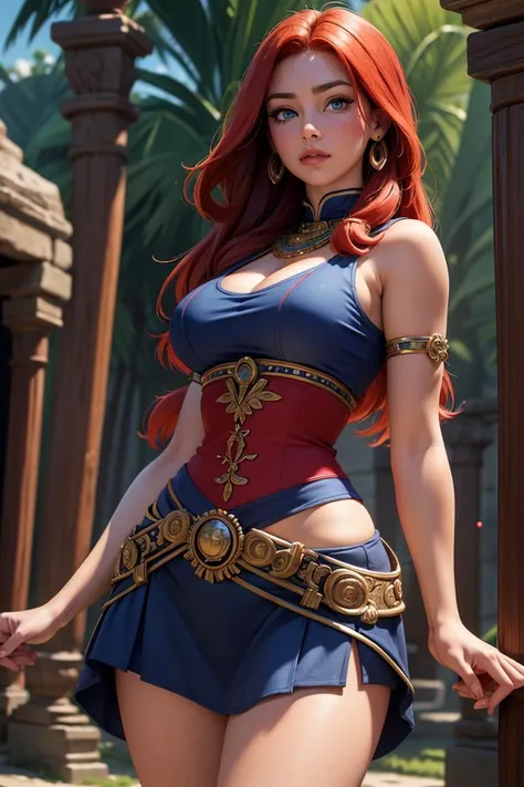 (masterpiece, best quality, hires, high resolution:1.2, 4k, 8k , high quality), extremely detailed, realistic, intricate details, highres, 1girl, solo, (large breasts, thick thighs, wide hips), arched back,(cinematic lighting, sunlight, perfect lighting, backlighting), eye-level shot, extreme close-up-shot, looking at viewer, red hair, blue eyes, 
 <lora:AncientAztecClothes:0.5> ancient aztec clothes