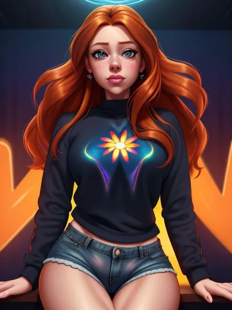 ((sfw)),, UHD, 8k, Ultra Detailed, cinematic portrait, thematic lighting, 
Ginger haired woman MissaX, holographic sweatshirt,  daisy dukes, big eyes, happy <lora:Lora-MissaX:0.9>
