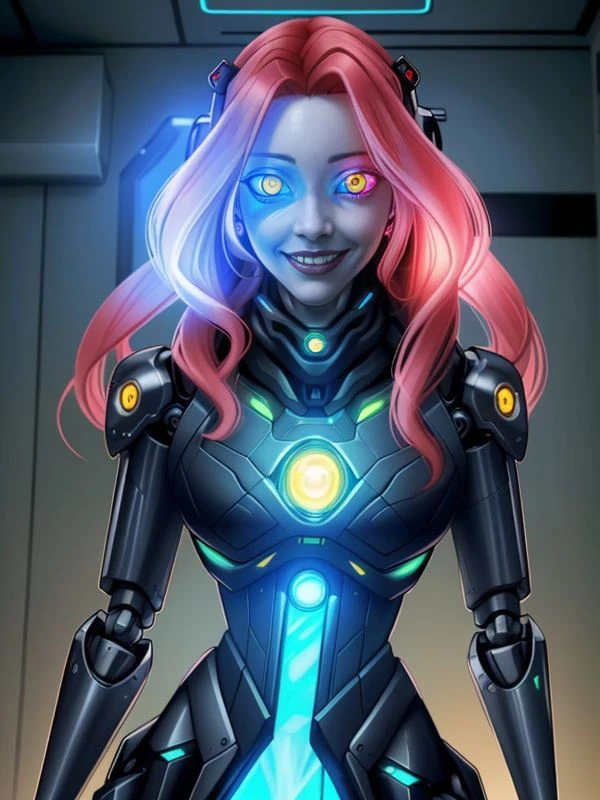 ((white eyes, glowing eyes, mechanical eyes)), 100_c1acabe164da40d1b2f3ef89dde39fd7loratoken is robo--mom, cyberpunk floral dress, holographic scarf, smiling, <lora:Lora-MissaX:1>