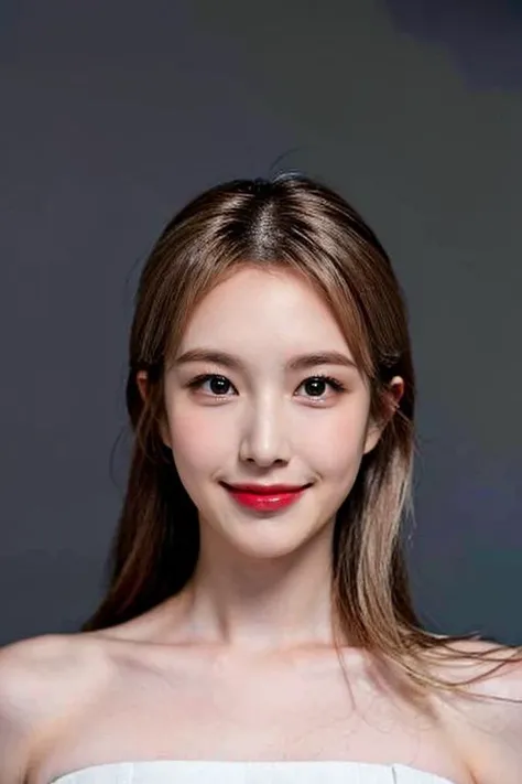 (masterpiece, top quality, best quality, (close-up photograph: 2), ((1girl)), fair skin, (((closed lips))), (extremely detailed face), looking straight, ultra-detailed eyes and pupils, ((bare pectorals)), ((bare chest)), bare head, nude dress, (((bare shoulders))), symmetrical frame, ((strapless)), (((smile))), ((symmetrical pose)), looking at viewer, (((looking at viewer))), ((symmetrical face: 1.6)), 35mm, simple grey background, ((studio lighting)), no watermark, ((white blonde hair)), <lora:jaeheelorashy:1>