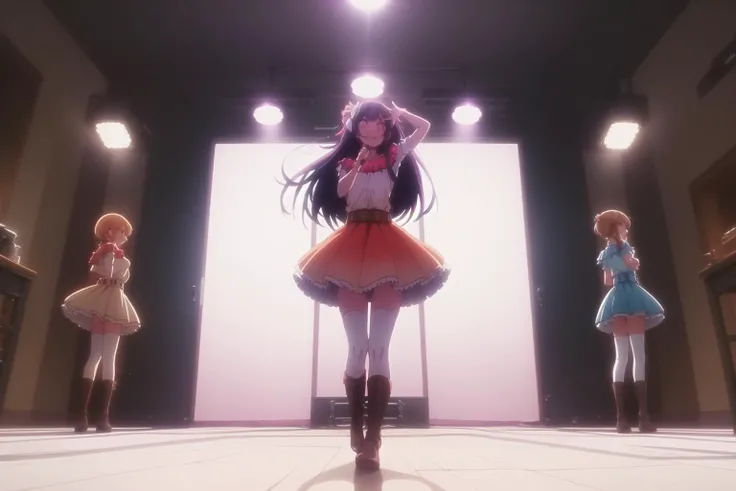 <lora:hoshino_ai_v0.1a:1>
hoshino ai, frilled dress, long hair, smile, short hair, multiple girls, brown hair, thighhighs, bow, twintails, standing, boots, orange hair, 6+girls, backlighting, pose, idol, stage, spotlight, stage lights, masterpiece, best quality, highly detailed