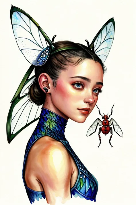 an extremely detailed, intricate watercolor painting of <lora:sd15_JamieDuff_v1:.9> JamieDuff with ant antenna on her head, she has multifaceted eyes, she has insect wings for ears