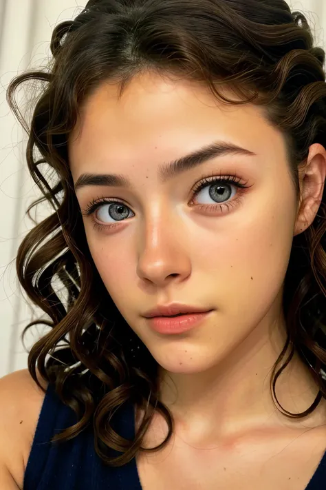 arafed girl with long hair and a white top posing for a picture, with bangs,  ulzzang, girl cute-fine-face, with blue eyes